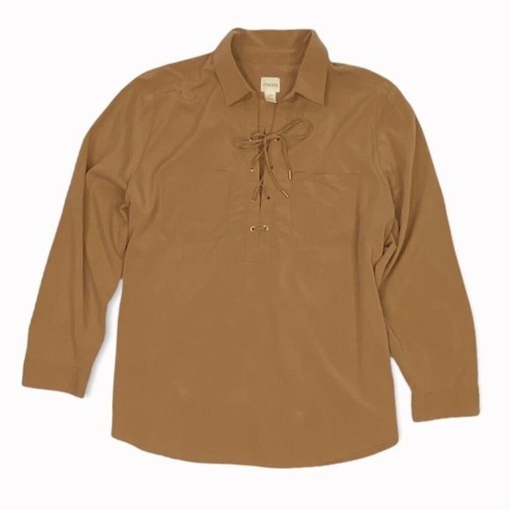 CHICO'S Large Tan Lace‎ Up Neck Long Sleeve Top Casual Fall Transitional